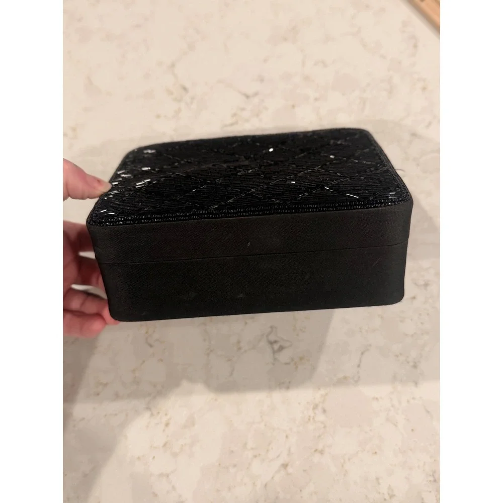 Vintage Black Satin Jewelry Box Travel Case‎ Beaded Quilted Top RN48857